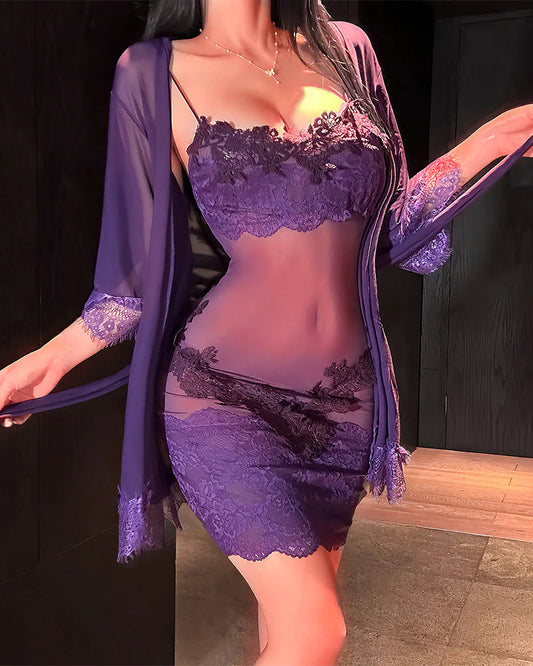 🌟 Női Pizsama Szett: Lélegző Háló + Csipke Detalik