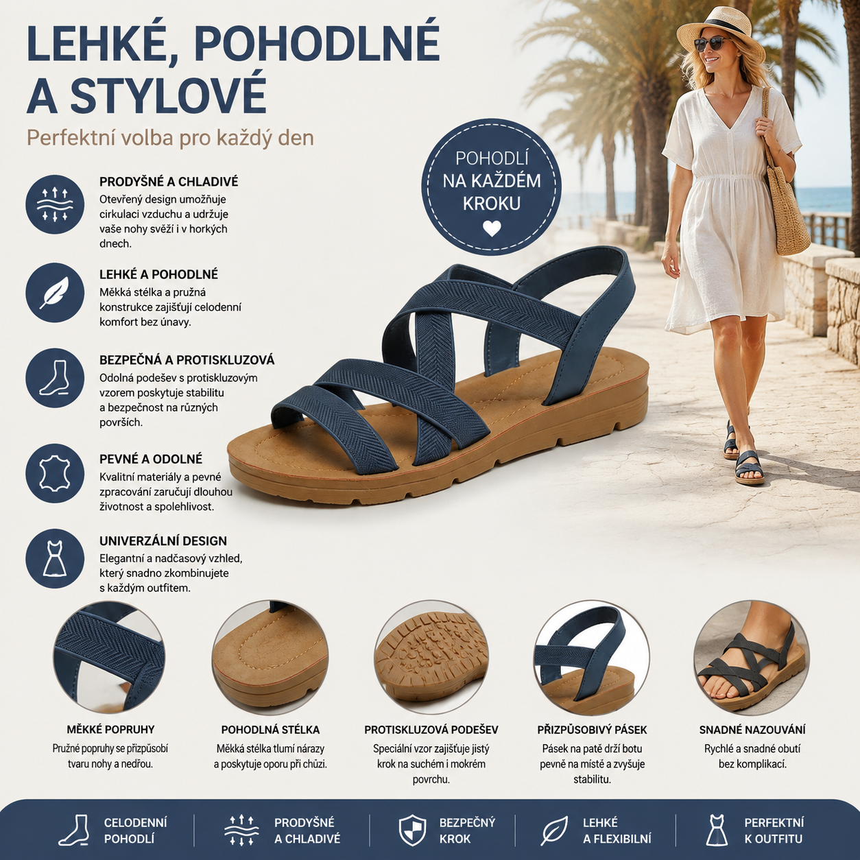 (🔥Letní speciál - Časově omezená sleva 50 %) Klasické letní dámské ortopedické sandály, které kombinují oporu a prodyšnost✅ Snižují tlak při chůzi, takže chůze je snazší a pohodlnější.