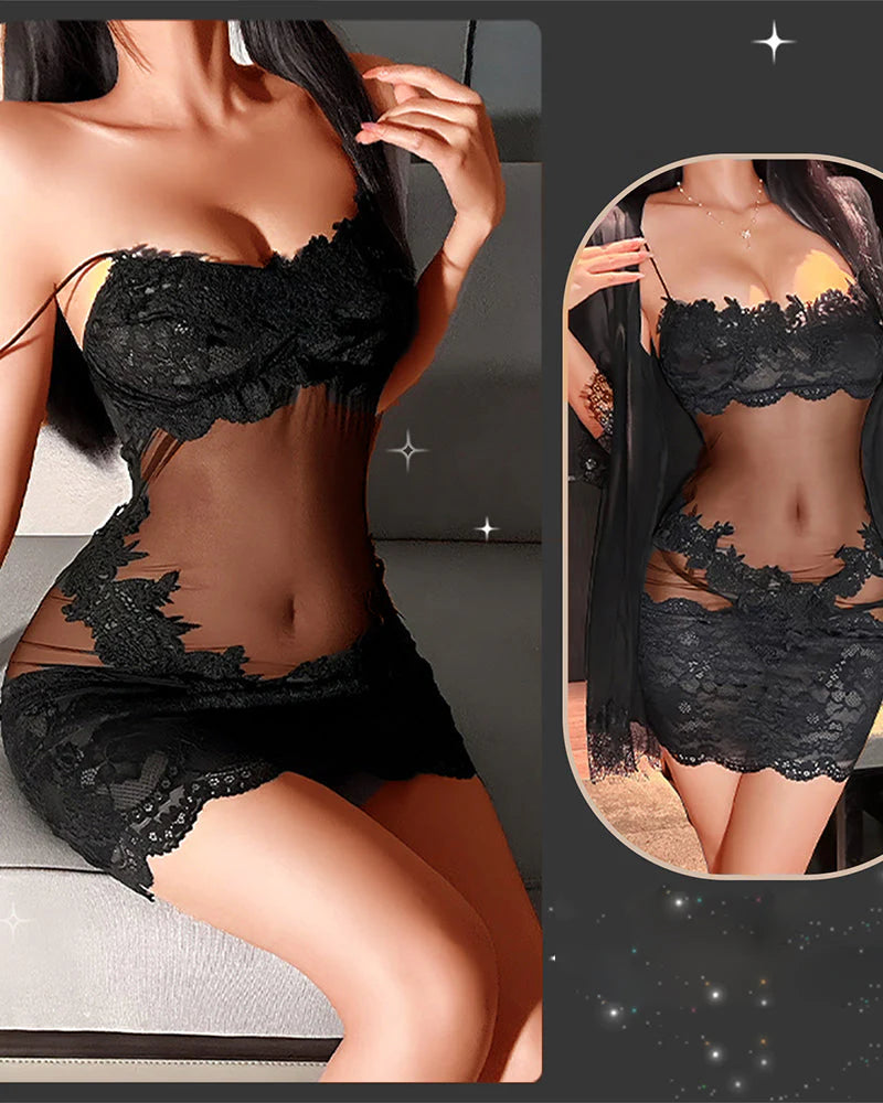 🌟 Női Pizsama Szett: Lélegző Háló + Csipke Detalik