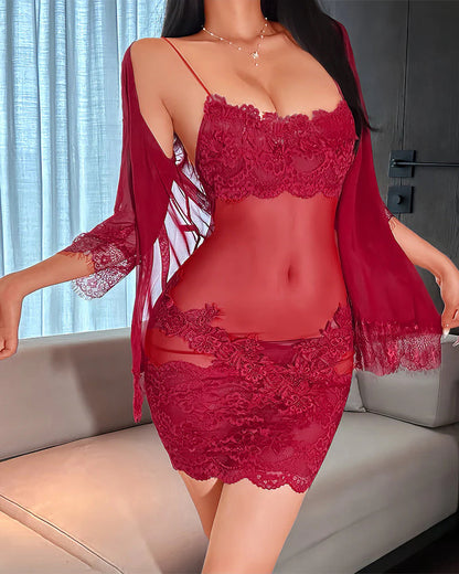 🌟 Női Pizsama Szett: Lélegző Háló + Csipke Detalik